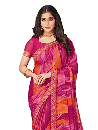 Image of SIRIL Women's Lace & Printed Chiffon Saree with Blouse(2206S937 Pink & Multi)