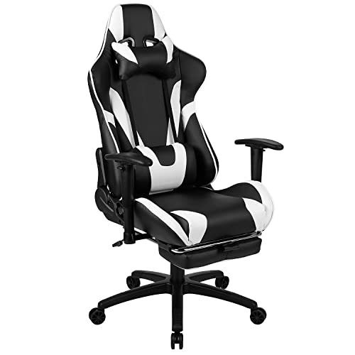 Flash Furniture X30 Silla para juegos y PC, oficina, ergonómica, ajustable, para carreras, respaldo totalmente reclinable, negra con decoración en blanco