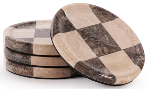 EarthenTones Marble Coasters Set of 4 Oceanic & Verona Handmade 4 inch Round Stone Coaster Decorative Cup Coaster Plates for Dining Table Housewarming Gift & Luxury Kitchen Accessories