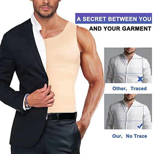 Mens Compression Shirt Slimming Body Shaper Vest Workout Tank Tops Abs Abdomen Undershirts (Beige, L) #TOP3