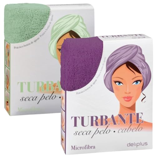 Genérico Turbante Secador de Cabello, Microfibra, Verde y Morado, con Botón de Ajuste, 2 Unidades