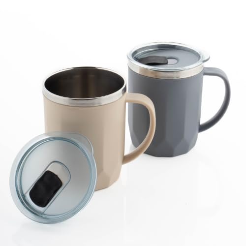 Image of MAGIC SPOON Stainless Steel Travel Coffee Mug with Sipper Lid & Handle, Insulated Tea Cup, BPA-Free Double Wall Tumbler for Hot-Cold Beverages, Office, Home, Car- Beige-Grey, (Combo Pack (400ml X 2))