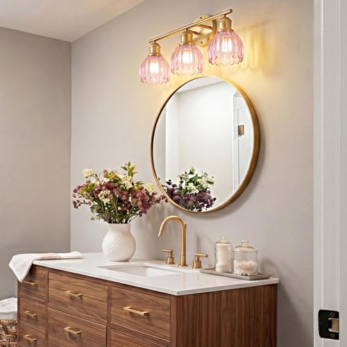 Image of Bathroom Light Fixtures, 3-Light Brushed Gold Vanity Lights for Bathroom with Pink Tulip Glass Shade, 20 inch Vintage Bathroom Vanity Lighting Fixtures Over Mirror for Bedroom Living Room Hallway