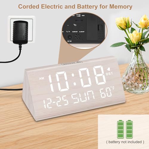 Image of DreamSky Digital Alarm Clock for Bedrooms - Wooden Desk Clock with Date | Day of Week, USB Port, Temperature, Dimmer for Bedside Table, Living Room, Office, Adjustable Volume, Auto DST, Wood Decor