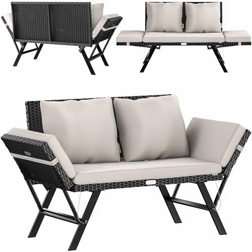 CASARIA® 2-in-1 Polyrattan Tuinbank en Ligbed 176 x 56 x 81 cm – Verstelbare Armleuningen – Met Kussens – 240 kg – Zwart