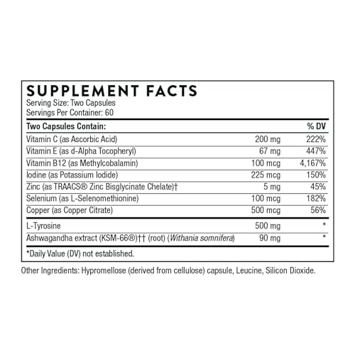 thorne - thyrocsin - thyroid cofactors for thyroid function support - supplement with vitamins b12 c amp e ashwagandha iodine zinc selenium copper amp l-tyrosine - 60 servings