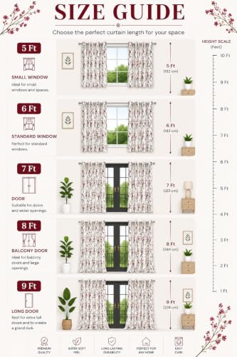 Image of Floral Printed Long Door Curtains for Living Room & Bedroom, Premium Polyester Eyelet Door Parde, Light Filtering & Privacy Decorative Curtains for Home, 9 Feet Long, Wine & White, Set of 2