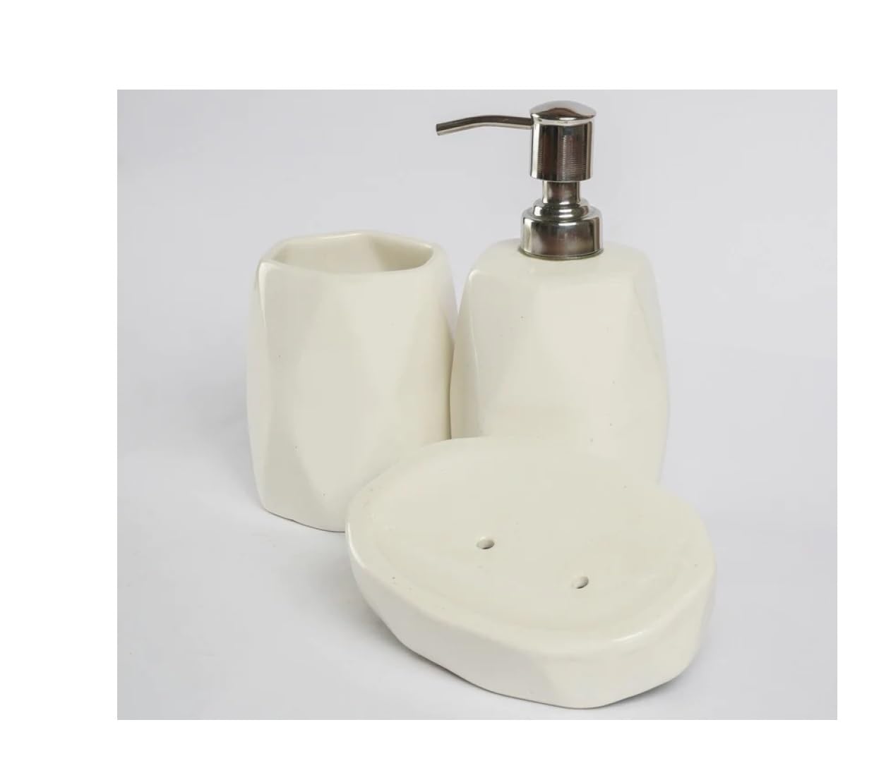 SPHINX Ceramic Bathroom Accessories Set, Bath Set of 3 Pieces - 1 Soap/shower gel dispenser, 1 soap dish and 1 toothbrush, comb holder for bathroom decor, gifting- (White Geometric)