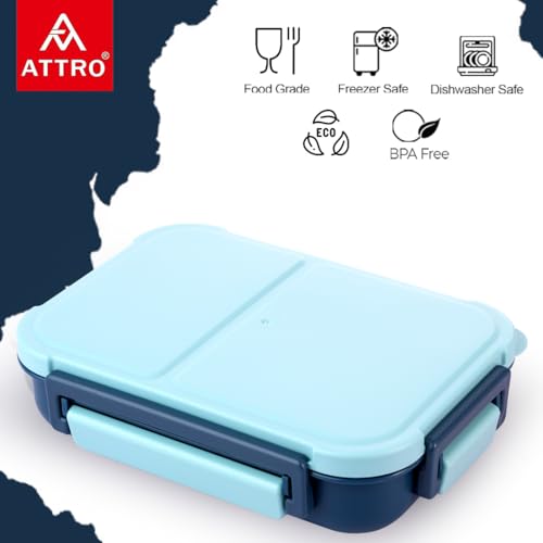 Image of ATTRO Gourmet 2 Compartment Lunch Box Portable Meal Organizer for Office, School BPA-Free, Food Grade, Freezersafe, Microwave & Oven Safe 1200ml Blue, Plastic
