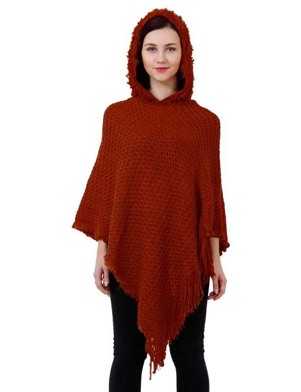 MANRA Ladies' Hooded Cape with Fringed Hem, Crochet Poncho Knitting Patterns for Women (SC 21/Maroon/M)-image-39