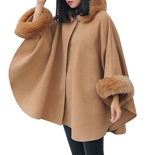 Womens Winter Batwing Long Sleeve Poncho Jacket Elegant Faux Fur Collar Cloak Coat