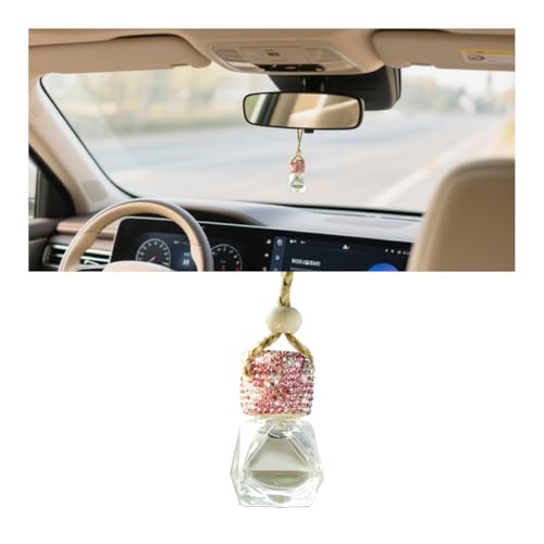 FALVFUN Bling Car Hanging Diffuser Bottle, Clear Empty Glass Crystal Rhinestone Vehicle Rearview Mirror Perfume Diffuser Bottle Pendant, Auto Essential Oil Fragrance Vials, Universal Fit (Pink)