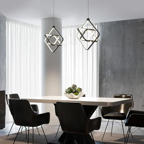Image of Modern LED Pendant Lights Plated Black Rectangular Pendant Light Fixtures 4000K 35W Dimmable Pendant Lighting for Dining Room Kitchen Island Bedroom Living Room Foyer(3-Ring)