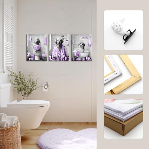 Image of sechars Funny Dogs Bathroom Wall Art Grey and Purple Bath Decor Cute Animal Painting Canvas Print (Purple)