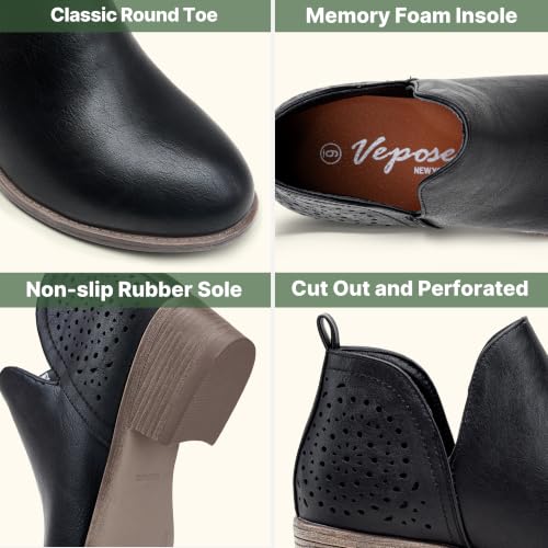 Image of Vepose Women's Short Ankle Boots, Low Heel Round Toe Western Booties | Comfortable western-inspired booties, memory foam cushioning, buckle side zip or perforated slip-on design options
