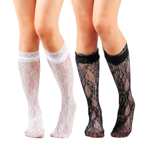 Knee High Fishnet Socks Mesh Lace Lolita Bowknot Lolita Lace Stocking for Women 2 Pairs