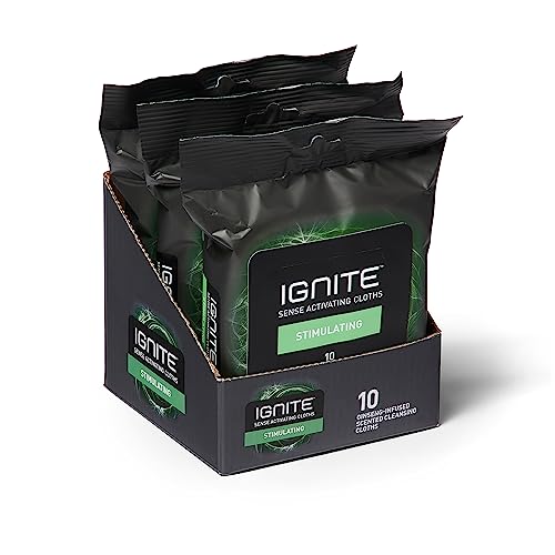 Ignite Mens Body Wet Wipes, Extra Thick 8" x 8" Shower Wipes, Stimulating Scent, 10 Count (Pack of 3)