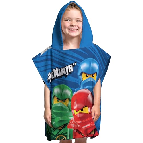 BERONAGE Poncho con capucha para niños, diseño de Lego Ninjago, azul, 60 x 120 cm, 100% algodón, poncho de baño, toalla de playa, toalla de baño, toalla de ducha, toalla de cama, manta, almohada