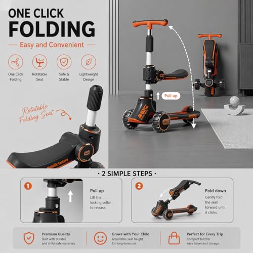 Image of 3-in-1 Convertible Foldable Kids Skating Style Cycle Kick Scooter for 3-14 Years Old Kids with 5-Level Height Adjustable Handle | LED PU Flashing Wheels | Max Capacity 75 Kg.(Black)
