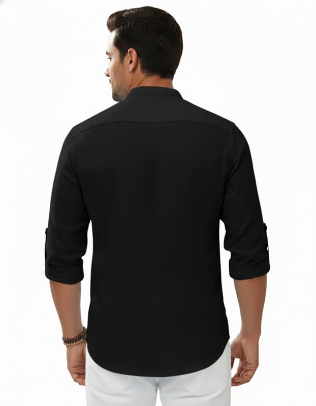 Image of Macsivo Men's Cotton Blend Solid Short Kurta with Regular Lenth Mandarin Neck Full Sleeves and roll-up tab| Kurta Style Shirt for Men