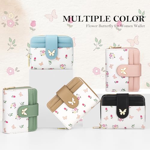Image of BIAOTIE Wallet for Women Cute Floral Flower Wallet RFID Credit Card Holder Purse Small Bifold Zipper Coin Pocket Purse with ID Windows (Butterfly Green)