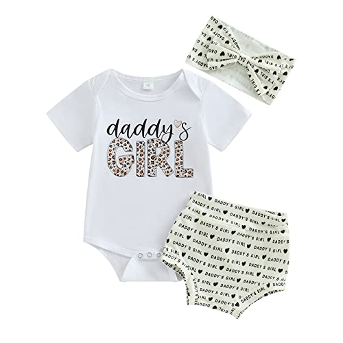 Gueuusu Father’s Day Baby Girl Outfit Daddy's Girl Short Sleeve Bodysuit Top High Waist Bummies With Headband Cute 3Pcs Set (White, 6-12 Months) #TOP24