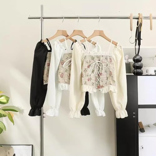Image of ICW Women Korean Retro Style Vintage Floral Jacquard Lace-Up Off-The-Shoulder Smock Puff Sleeve Ruffled Crop Blouse Corset Top Dn81 (One Size XS-S) 2403