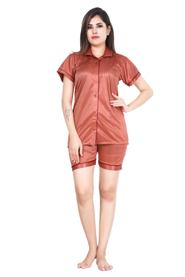 Satin Night Suit with Half Pant Above Knee Length and Half Sleeve and V-Neck Shirt for Women.-image-7