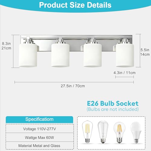 LKHF Modern Bathroom Lighting Fixtures Over Mirror, Vanity Lights for Bathroom, Wall Sconces with Milky White Glass Shades, E26 Ceramic Socket, 4-Light 27.5-inch Chrome by LKHF - Used condition - Image 3