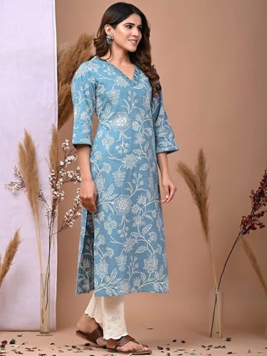 Image of Rimeline Women's Cotton Printed Kurta with Embellished V-Neck Design | Straight Fit Ethnic Wear for Office, Casual & Daily Use