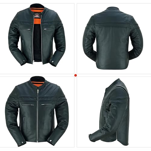 Hugger Men’s Motorcycle Leather Jacket With stand collar Biker Café jacket with Concealment Armory Pockets2