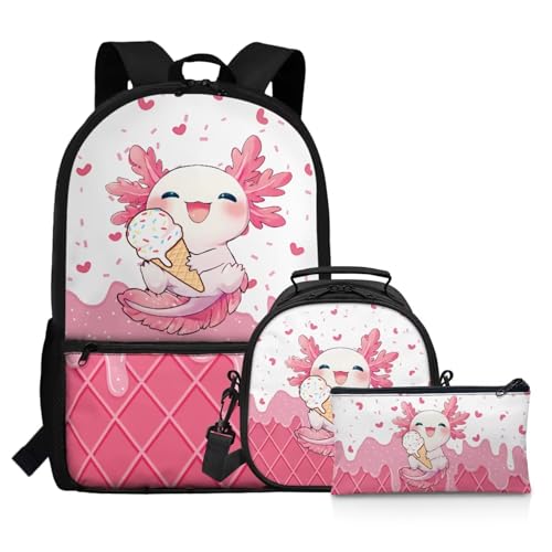 Showudesigns Cute Axolotl Girls Backpacks with Lunch Box Ages 6-8 8-10 Preschool School Bag Pink Ice Cream Backpack and Lunch Bag Pencil Case Elementary Bookbag Satchel for Kids