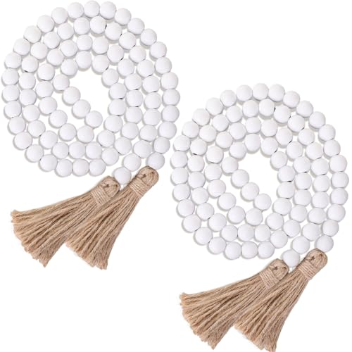 Geetery 2 Pcs 58 Bead Garland with Tassels Rustic Country Decor Boho Wall Hanging for Farmhouse Style Versatile Prayer Beads for Home Table or Wall Decoration (White)