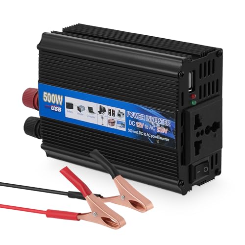 Inversor de Corriente de 500 W CC 12 V a 220-230 V, convertidor de Corriente para Coche, Encendedor de Cigarrillos, Cargador de Coche con Puerto USB, Carga tu Ordenador portátil, teléfono, Tableta