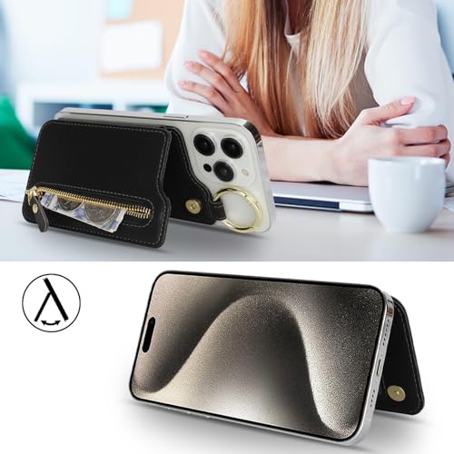 Ｈａｖａｙａ カードケース magsafe 3枚カード収納可能 スタンド機能 ジッパー 小銭入れ リング付き iPhone 17 Pro Max/17 Pro/17/Air、16 Pro Max/16 Pro/16 Plus/16、iPhone 15/14/13/12シリーズ対応-ブラック
