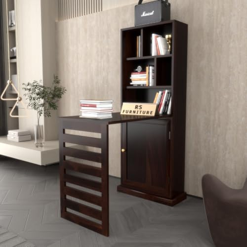 Image of Sheesham Wood Study Table with Bookshelf & Storage Cabinet | Space Saving Writing Desk for Home Office & Study Room (Walnut Finish)