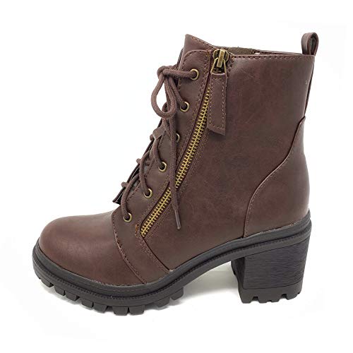 Soda Indiana Women's Faux Leather Lace Up High Chunky Heel Ankle Booties