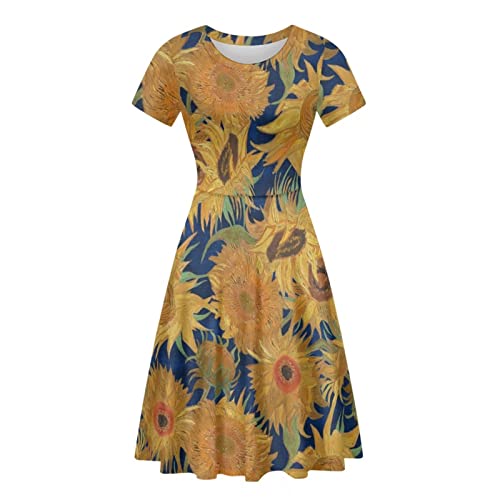 Belidome Van Gogh Sunflowers Casual Summer Dresses for Women Swing Sundress A-line Short Sleeve Dress S-4XL Beach Wear