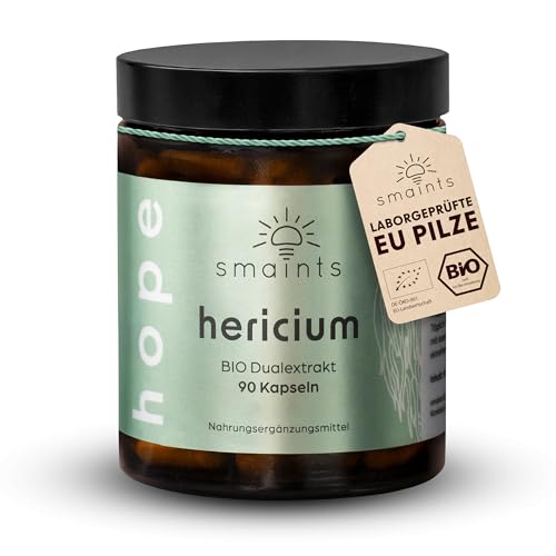 smaints BIO Hericium Dual-Extrakt Kapseln - 100% aus Bio Anbau in Europa - 90 Stk für 90 Tage - hochdosiert 500 mg pro Kapsel - Premium Lions Mane Löwenmähne Igelstachelbart - vegan & laborgeprüft
