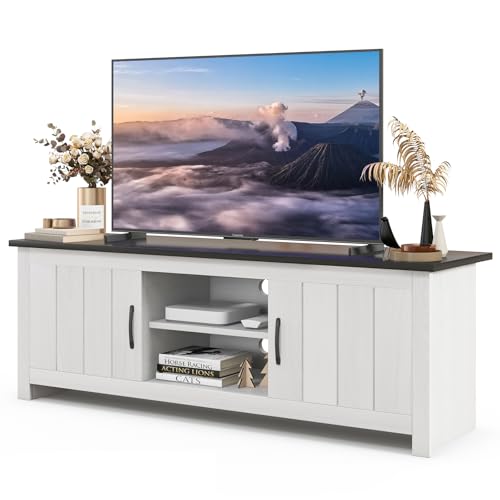 GYMAX Mueble TV de hasta 65 Pulgadas, Mesa Television de Madera con 2 Armarios y Estantes Abiertos, Mueble Bajo TV con Puertas para Salón y Dormitorio, 145 x 40 x 50 cm(Blanco+Marrón)