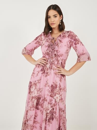 Image of Styli Women Printed Ruffle Neck Puff | Sleeves A-Line Maxi Dress | Stylish One Piece Dress for Party, Casual & Evening Outfits