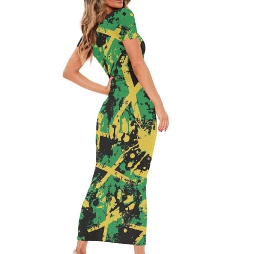 Image of Womens Short Sleeve Jamaican Flag Midi Bodycon Dress