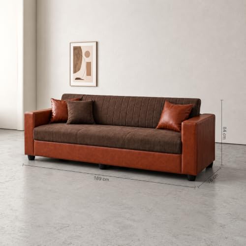 Image of Double Tone 3 Seater Sofa Couch, Upholstered Fabric & Faux Leather Sofa with Channeled Backrest, Living Room with Solid Wood Frame & Pillows, 189 cm (74 inch) Brown and Tan