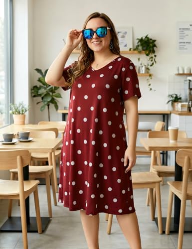 Image of OVERWORETY Womens Short Sleeve Plus Size T-Shirt Dress V Neck Casual Loose Swing A-Line Summer Tunic Dresses with Pockets