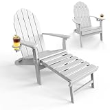 POLYDUN Folding Adirondack Chair with Retractable Ottoman, HDPE Plastic Patio Chairs for All Weather, Fire Pit Chair with Cup Holder, Outdoor Lawn Chairs for Deck, Porch, Backyard, White