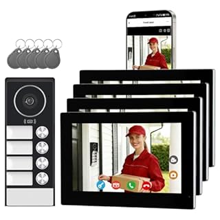 Honmidatek Citofono Bifamiliare, video Citofoni Wi-Fi con monitor Schermi da 7", Campanello con Telecamera per Visione Notturna, Rilevamento Persone, Sblocco Tramite App/RFID badge, Per 4 Famiglie