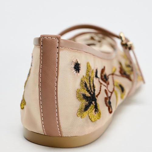 Image of MRKEWUNEY Mesh Ballet Flats for Women Embroidered Floral Round Toe Mary Jane