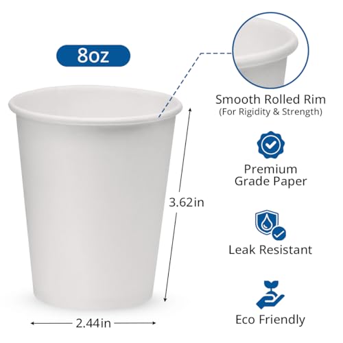 Image of NYHI 300-Pack 8 oz White Disposable Paper Cups for Hot & Cold Drinks - Coffee, Tea, Water - Leak-Proof for Parties & Offices