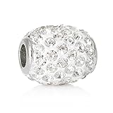 Charm Perle Zylinder Silber, mit Transparentem Strass und großem Loch zum Auffädeln und für Armbänder selber machen. Aufgrund ihrer Größe eignet sich diese Großlochperle als Zwischenperlen/Abstandshalter für zum Beispiel Makramee Armbänder. Verkaufseinheit Spacer Beads: 1 Stück. Das silberne Zwischenelement (Metallhülse) besteht aus Metall.