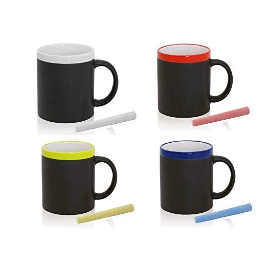 FUN FAN LINE - Set de Tazas de cerámica con exterior en pizarra para dibujar, cada una con tiza y en caja de regalo individual. Ideal para café, té o bebidas calientes (Multicolor, 4 Unidades)